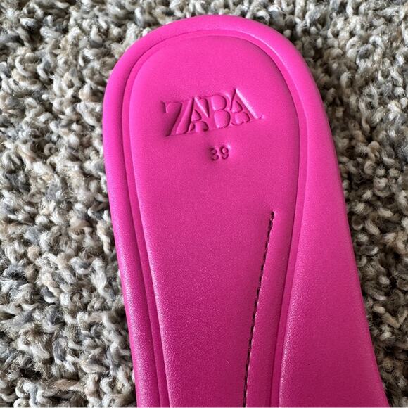 Zara Hot Pink Leather Slip On Sandals Womens 8.5 Beachy Flats Slides Casual - Picture 4 of 7